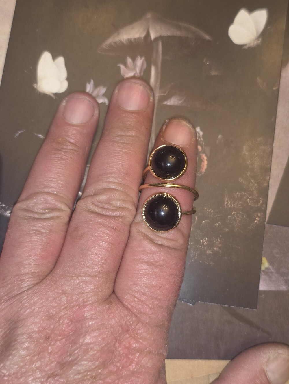 Black Onyx? Double Gemstone Adjustable Ring In Gold Tond Bezel